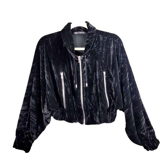 Zara Jacket Womens M Black Crushed Velvet Cropped Silver Zipper Pockets Dolman - Picture 4 of 15